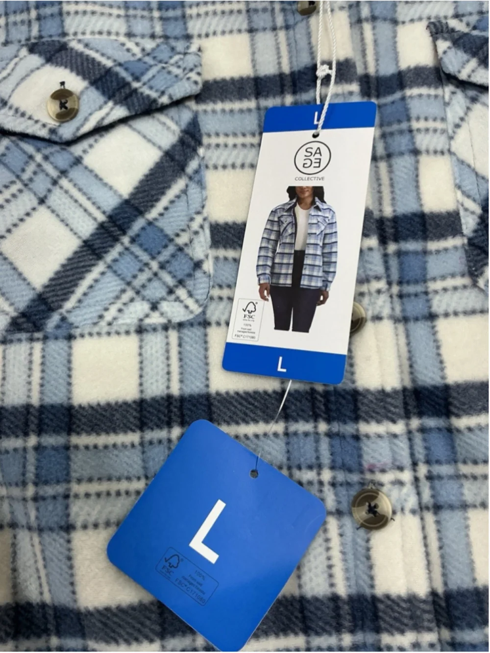 Womans NWT Condition Sage Lined Shirt Jacket Large Blue White Plaid